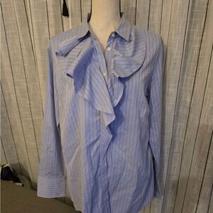 Banana Republic Striped Blue Ruffle Button-Down Shirt